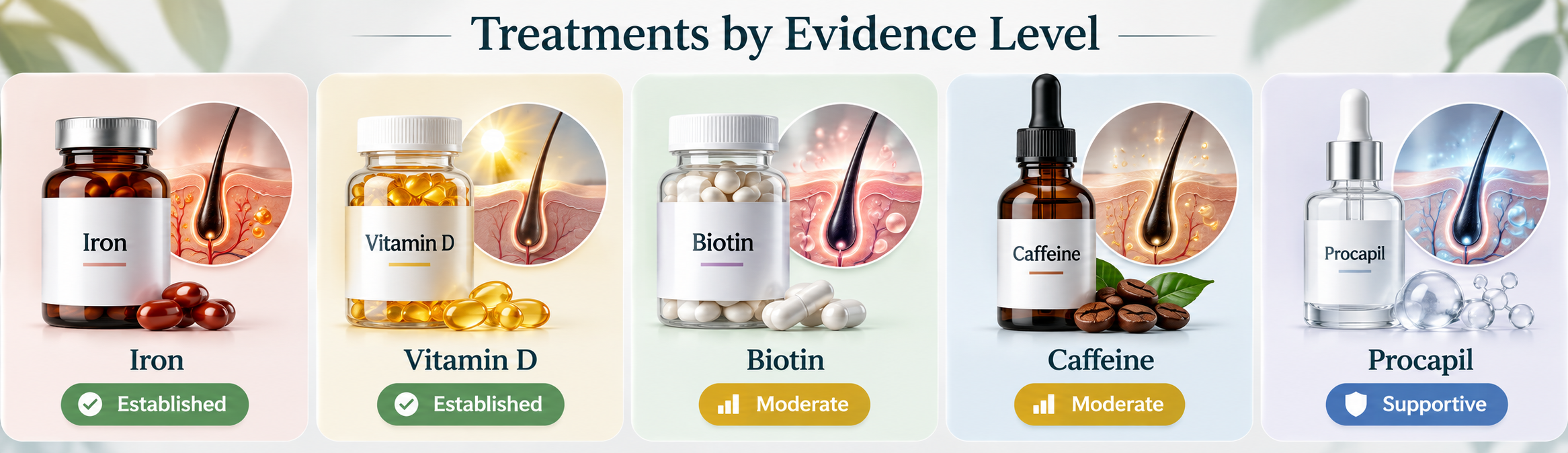 Sudden hair fall support treatments by evidence level including iron, vitamin D, biotin, caffeine and Procapil