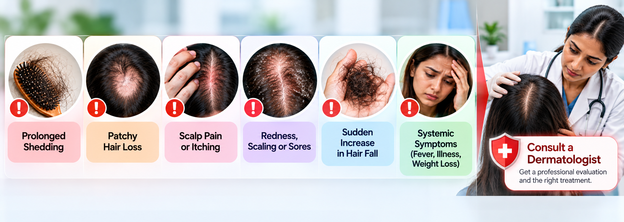 Warning signs including prolonged shedding, patchy hair loss, scalp pain and systemic symptoms