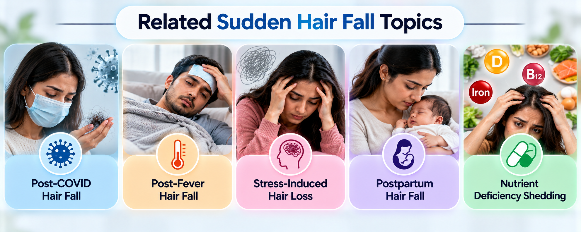 Related sudden hair fall topics including post-COVID, post-fever, stress, postpartum and nutrient deficiency shedding