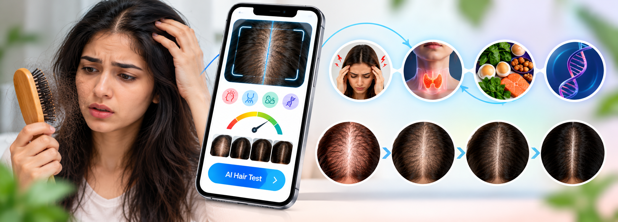 Person noticing sudden diffuse shedding while combing and using an AI hair test — Hairsncares