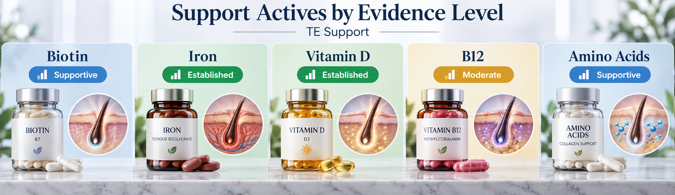 Telogen effluvium support actives including biotin, iron, vitamin D, B12 and amino acids by evidence level