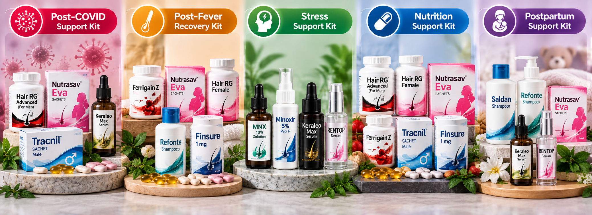 Telogen effluvium support kits for post-COVID, post-fever, stress, nutrition and postpartum hair shedding