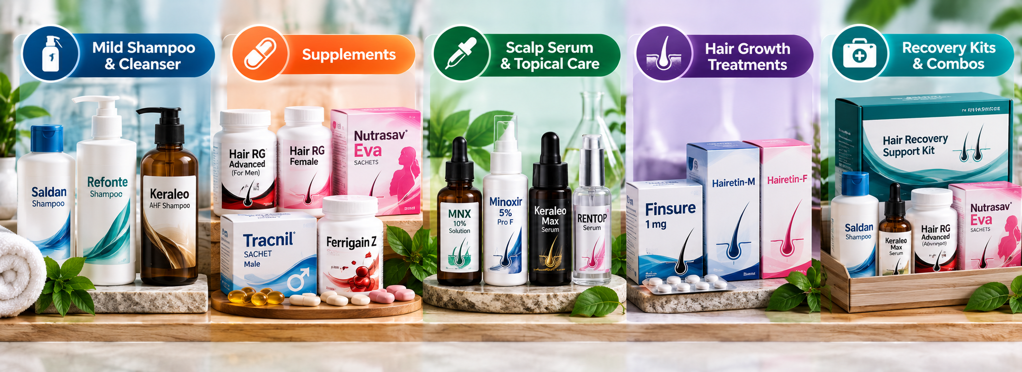 Telogen effluvium support product categories including mild shampoo, supplements, scalp serum, hair growth treatments and recovery kits