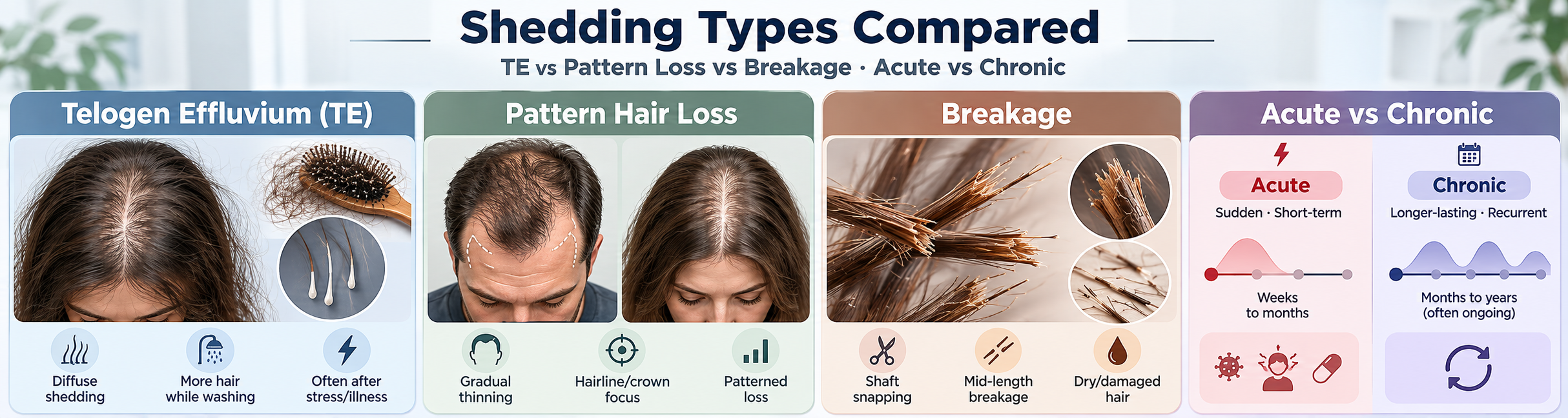 Telogen effluvium vs pattern hair loss vs breakage with acute and chronic shedding comparison