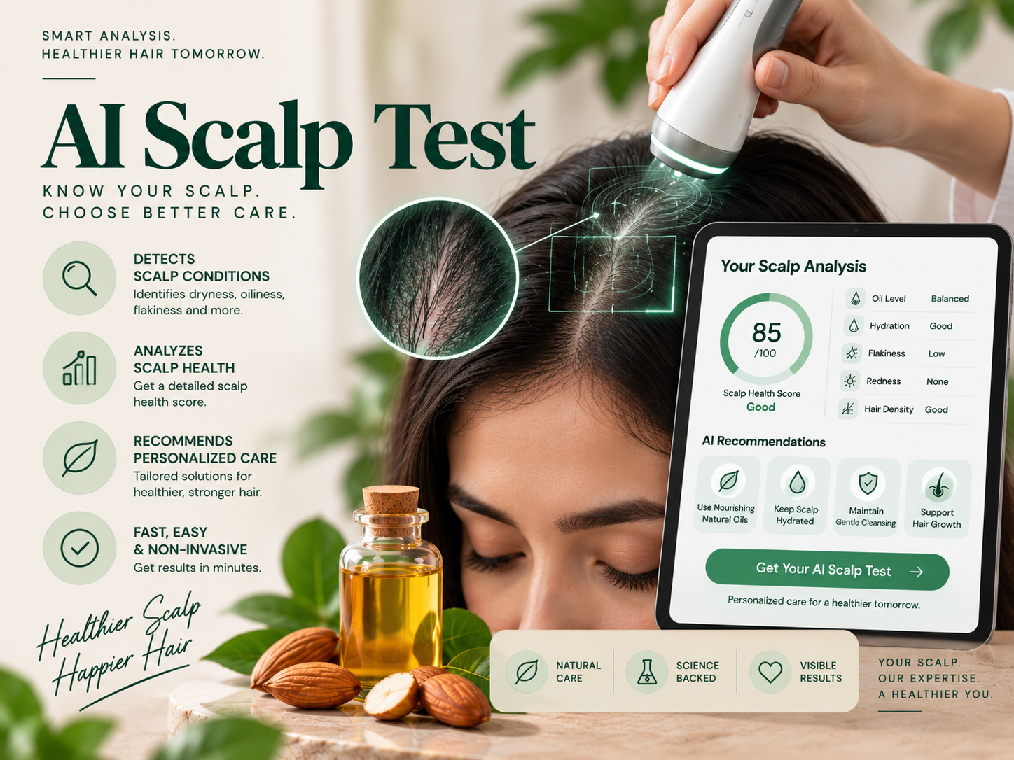 AI-powered scalp test showing a digital scalp scan, scalp health score, oil level, hydration, flakiness, redness, hair density, and personalized hair care recommendations.