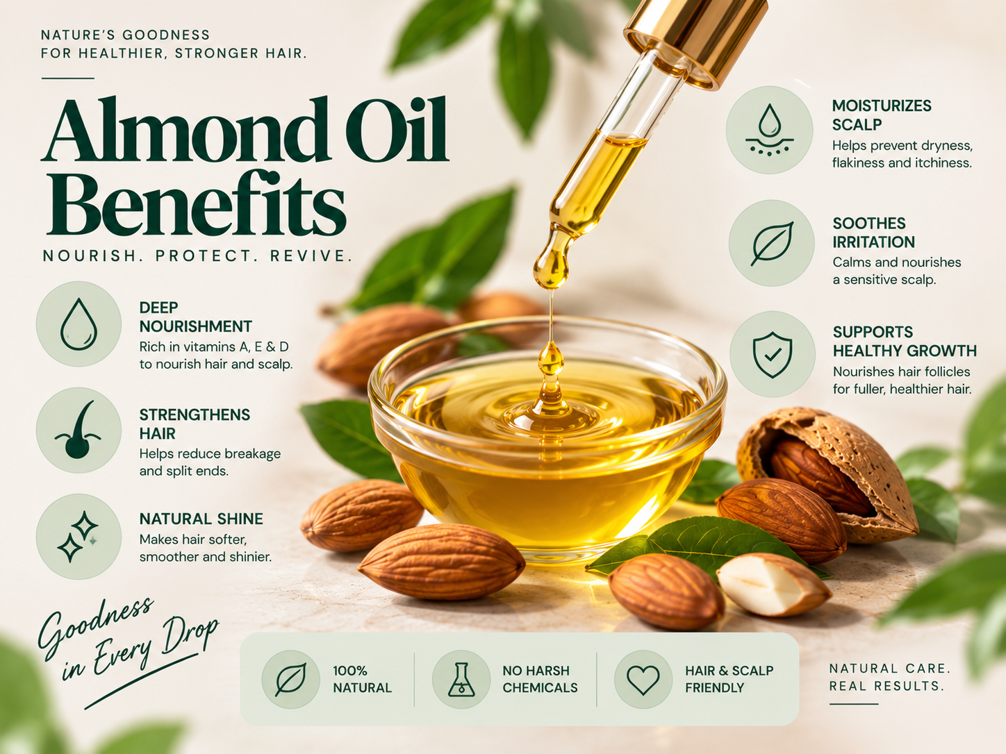 Macro view of golden almond oil flowing from a dropper into a glass bowl, surrounded by almonds and green leaves, highlighting nourishment, scalp moisture, strength, and natural shine.