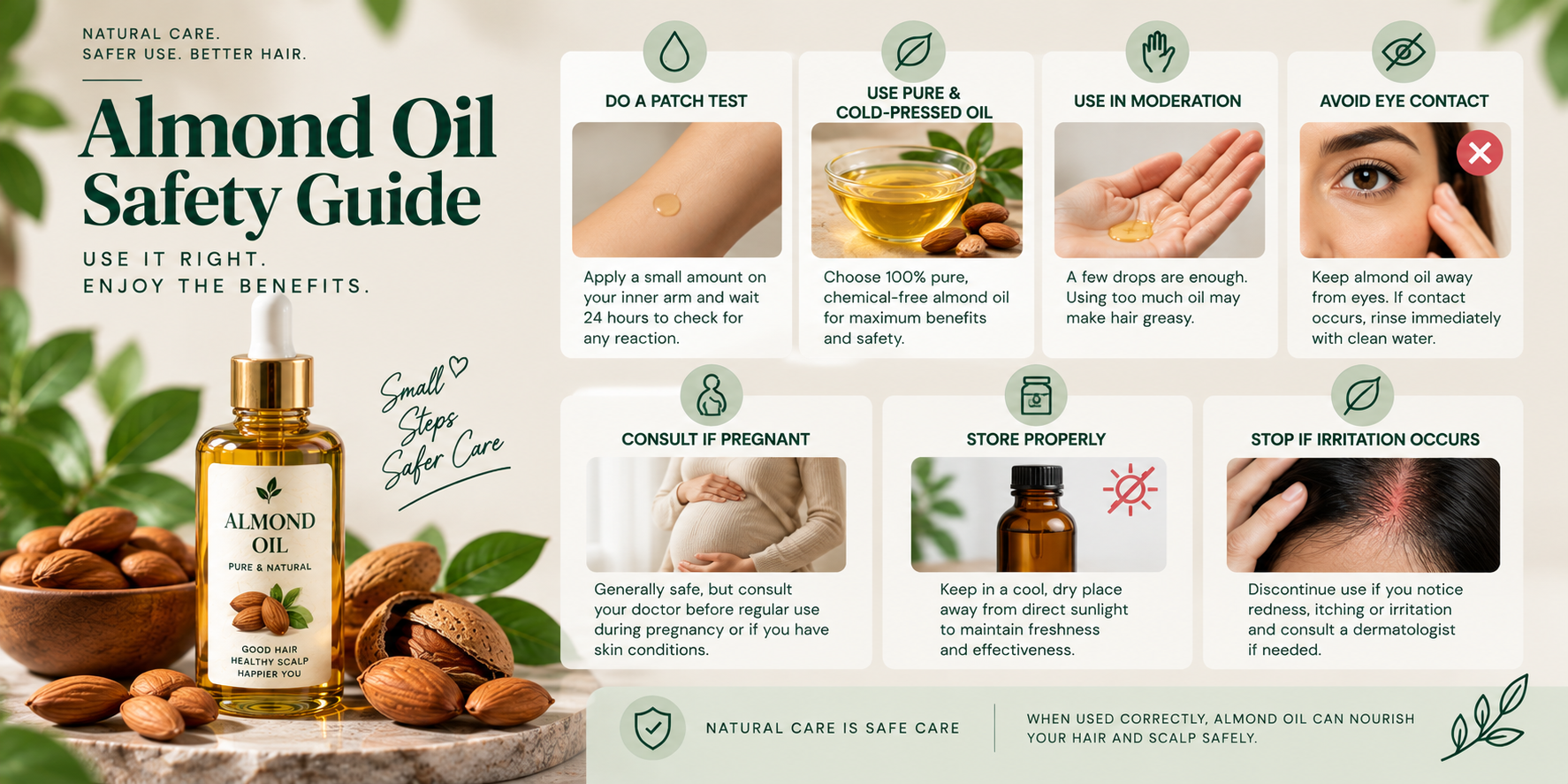 Almond oil safety guide showing patch testing, pure oil selection, moderate application, eye safety, proper storage, and scalp irritation precautions.
