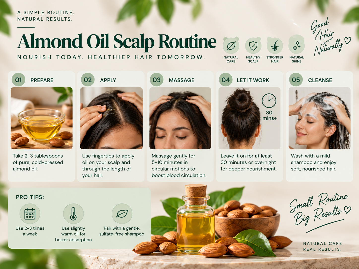 Step-by-step almond oil scalp care routine showing oil preparation, application to the scalp, gentle massage, treatment time, and cleansing for soft, nourished hair.