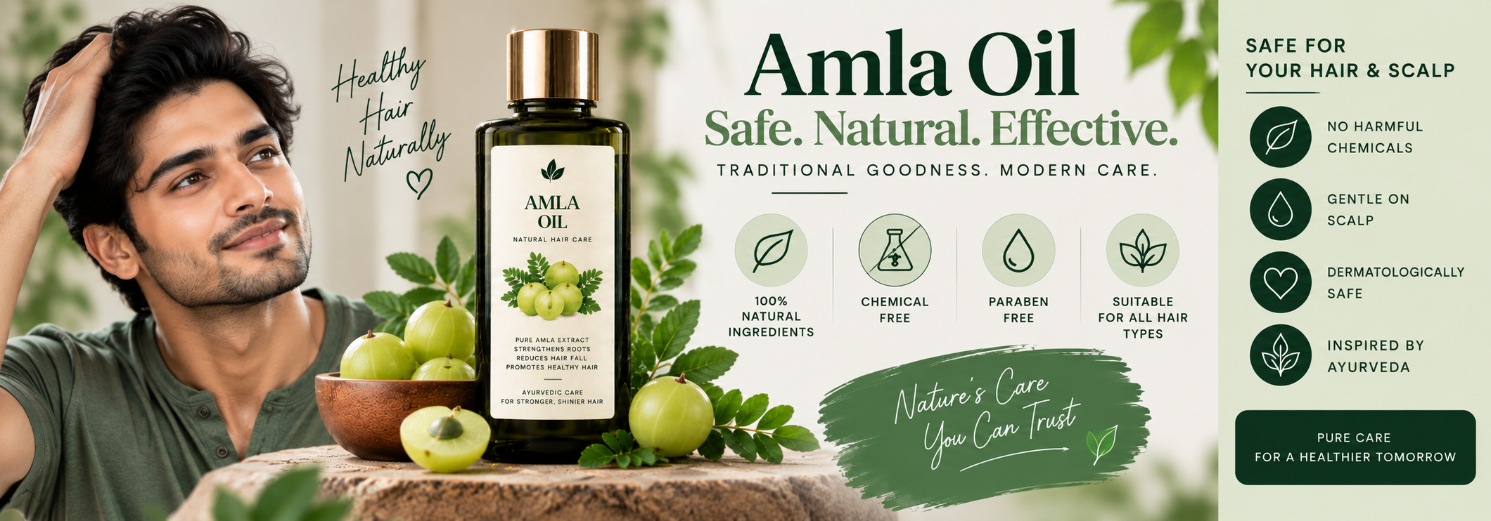 Man with healthy-looking hair alongside an Amla oil bottle and fresh amla fruits, highlighting gentle, natural hair and scalp care.