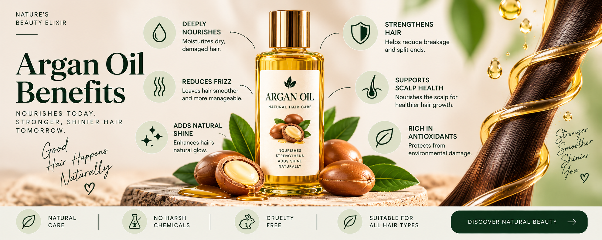 Close-up of argan oil with argan nuts and a hair strand, highlighting nourishment, frizz control, natural shine, and stronger-looking hair.