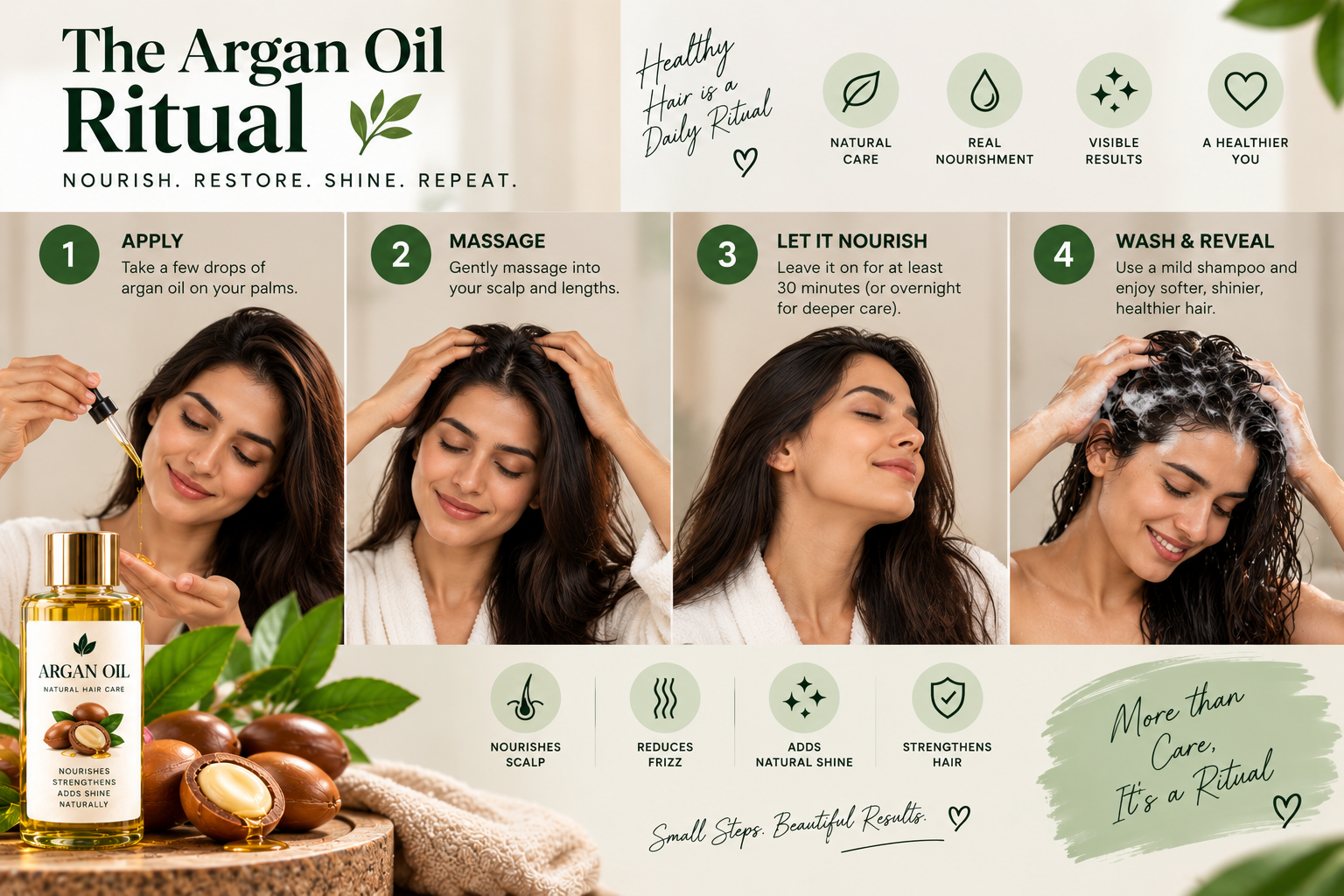 Woman following an argan oil hair care ritual by applying oil, massaging the scalp, allowing it to nourish the hair, and washing afterward.