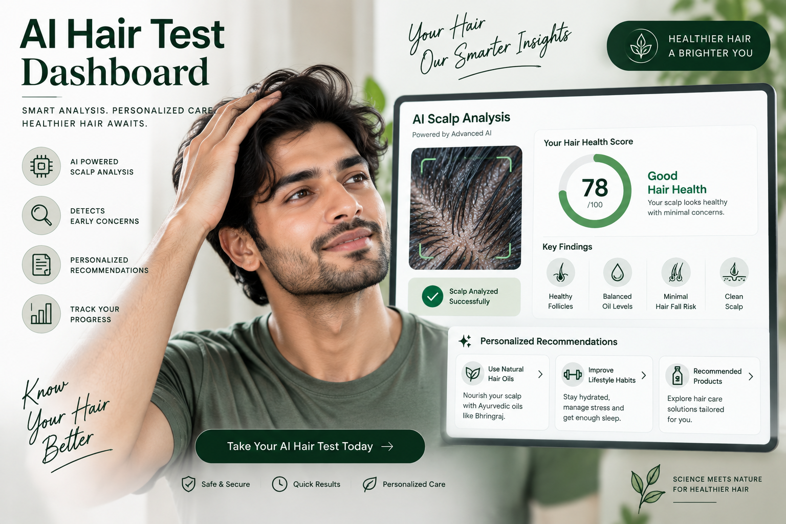 AI-powered hair test dashboard showing scalp analysis, hair health score, key findings, and personalized hair care recommendations.