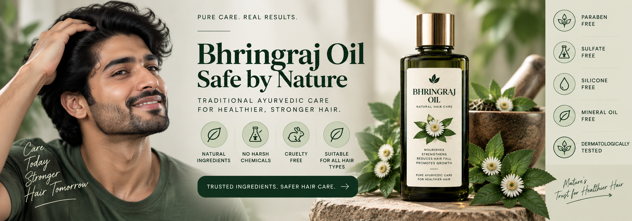 Male model with healthy-looking hair alongside a Bhringraj oil bottle, highlighting natural ingredients and safe hair care practices.