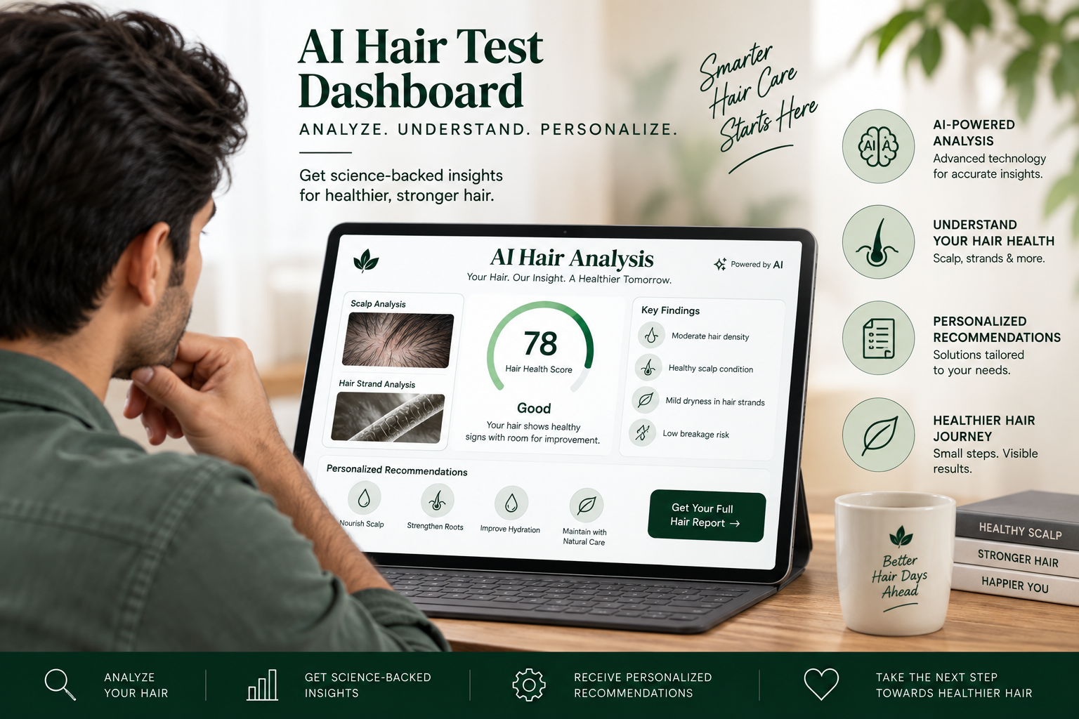 AI-powered hair test dashboard displaying scalp and hair strand analysis, a hair health score, key findings, and personalized hair care recommendations.