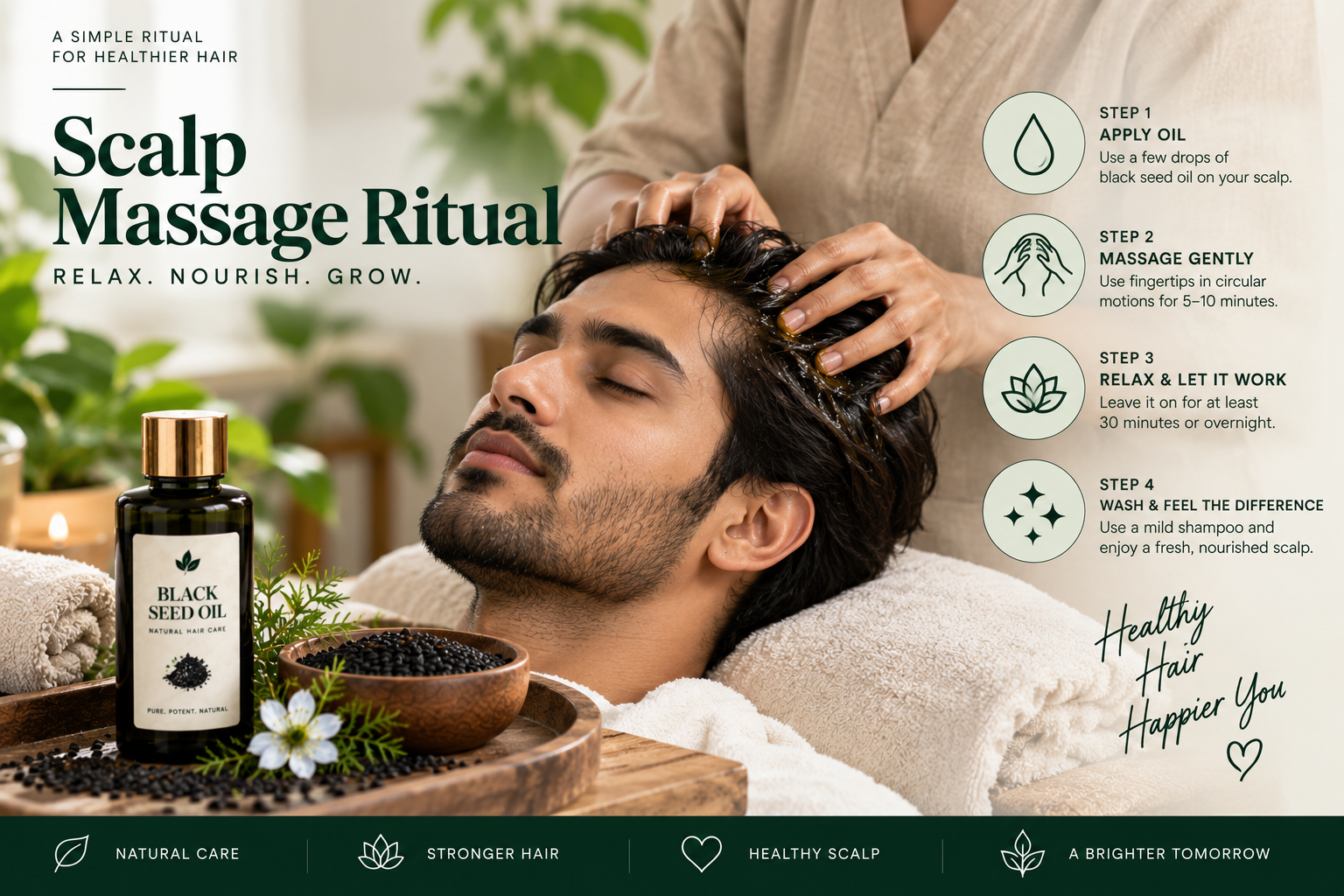 Man receiving a relaxing scalp massage with black seed oil as part of a nourishing natural hair care ritual.