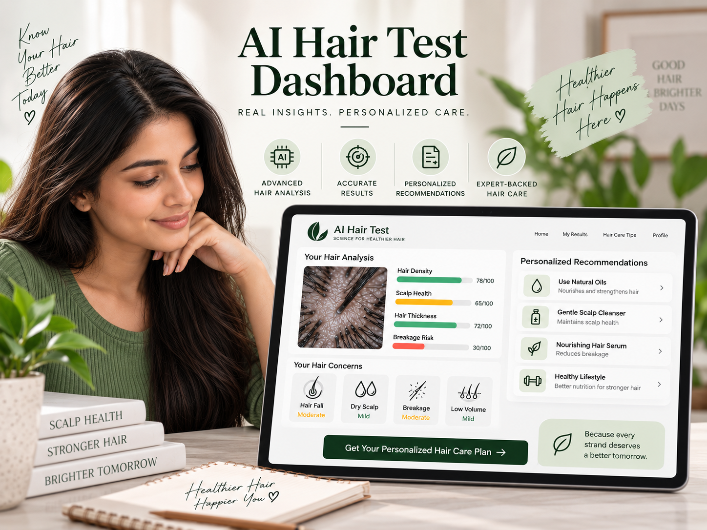 AI-powered hair test dashboard showing detailed scalp analysis, hair health scores, and personalized hair care recommendations.
