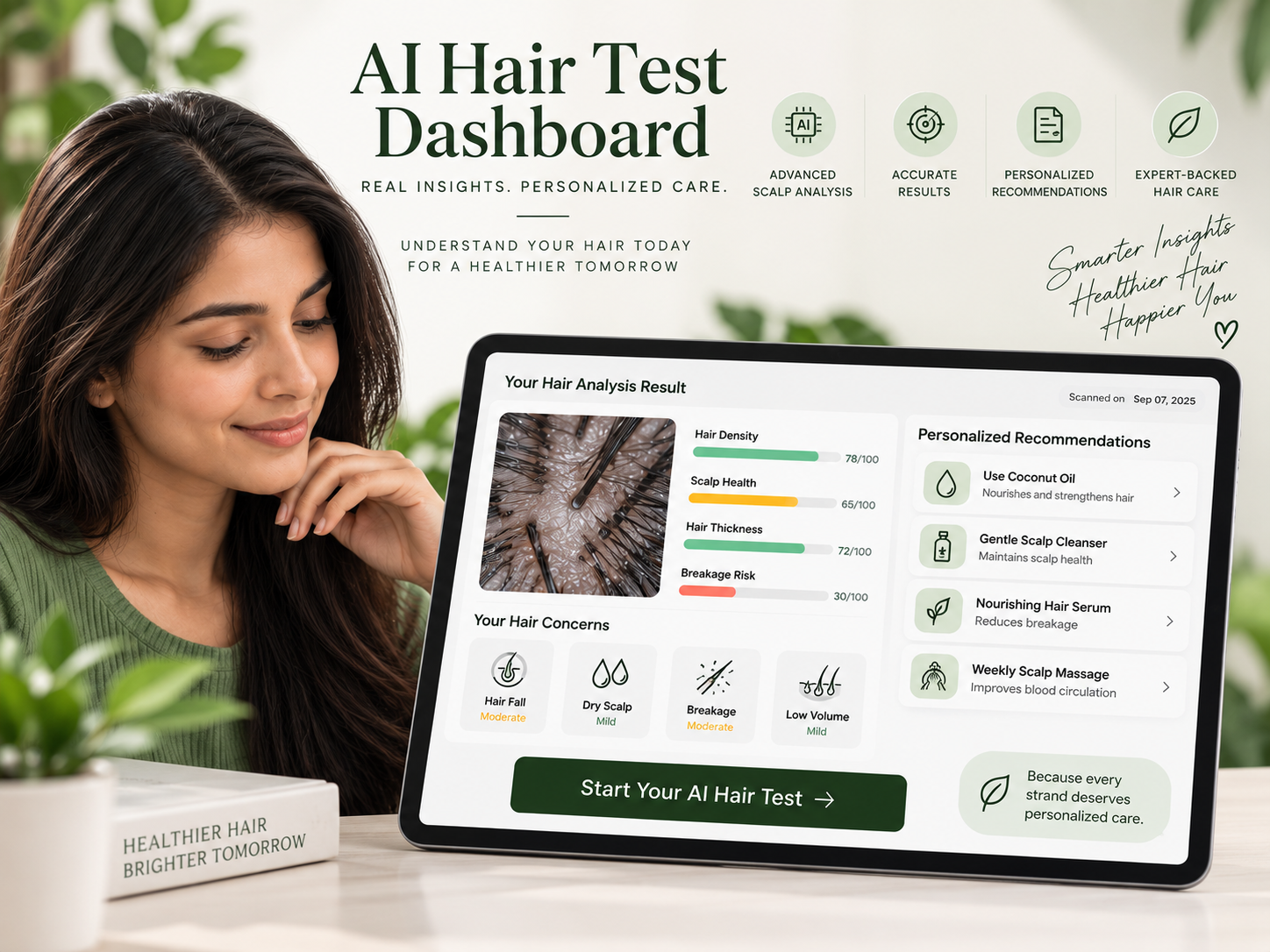 AI-powered hair test dashboard displaying personalized scalp analysis, hair health insights, and customized hair care recommendations.