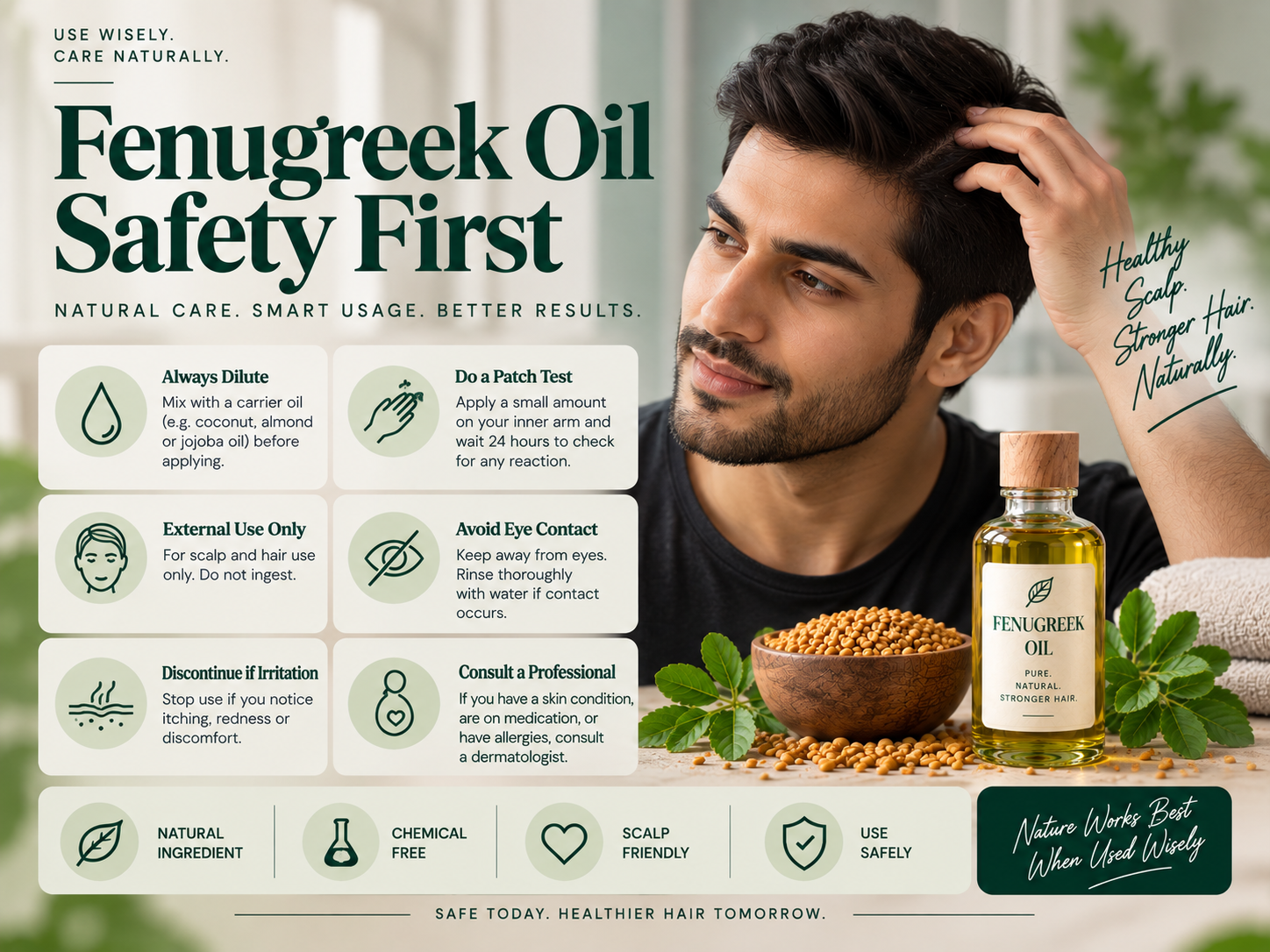 Male model checking his scalp beside a fenugreek oil safety guide showing dilution, patch testing, external use, eye safety, irritation precautions, and professional advice.