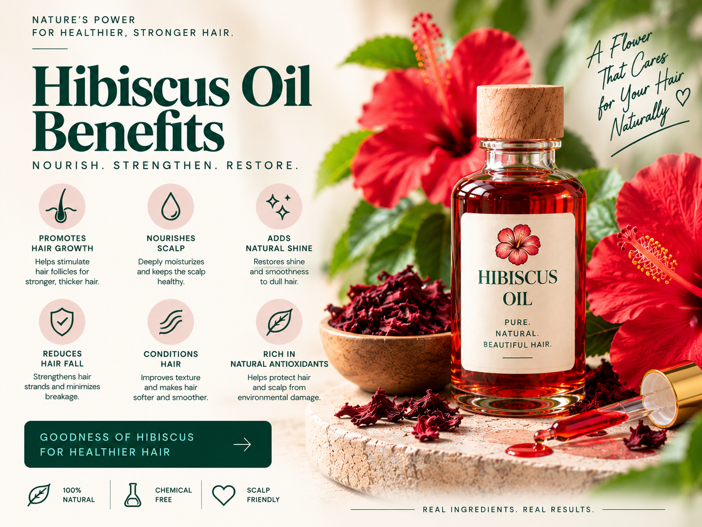 Premium hibiscus oil bottle surrounded by vibrant red hibiscus flowers, dried petals, and green leaves, highlighting nourishment, shine, and healthy-looking hair.