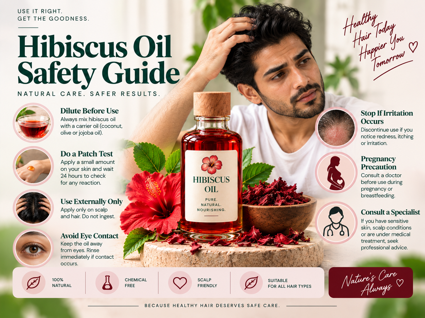 Hibiscus oil safety guide featuring a male model and a premium hibiscus oil bottle, showing dilution, patch testing, external use, eye safety, irritation precautions, and professional advice.