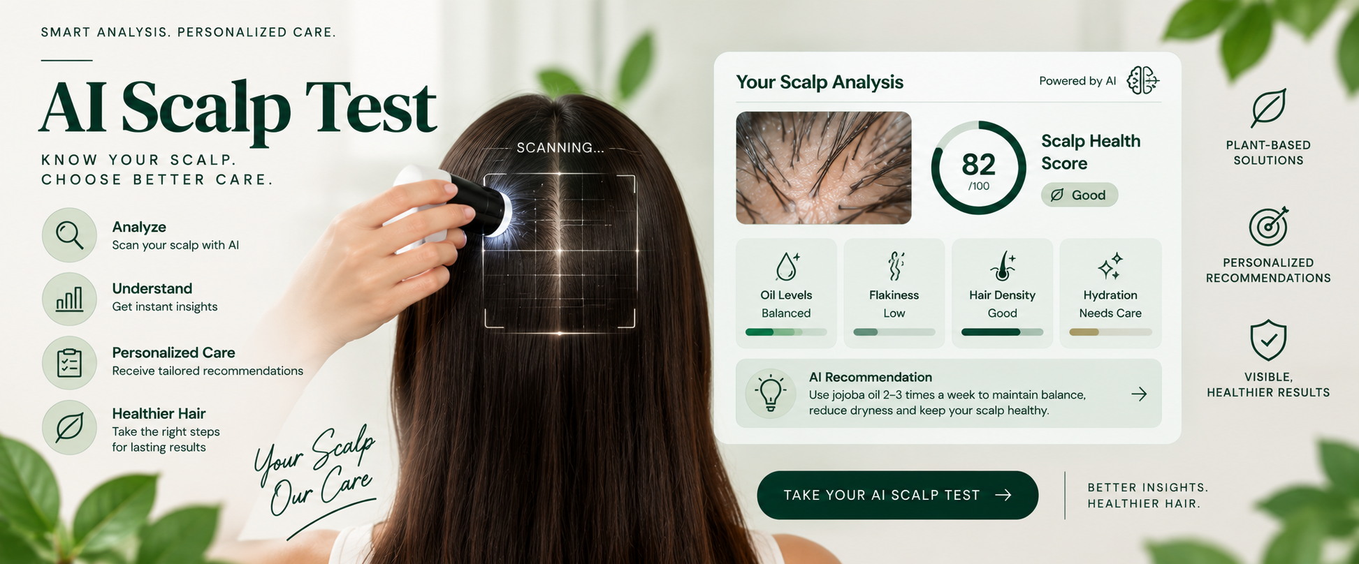 AI-powered scalp test dashboard showing a scalp scan, scalp health score, oil levels, flakiness, hair density, hydration analysis, and personalized jojoba oil care recommendations.