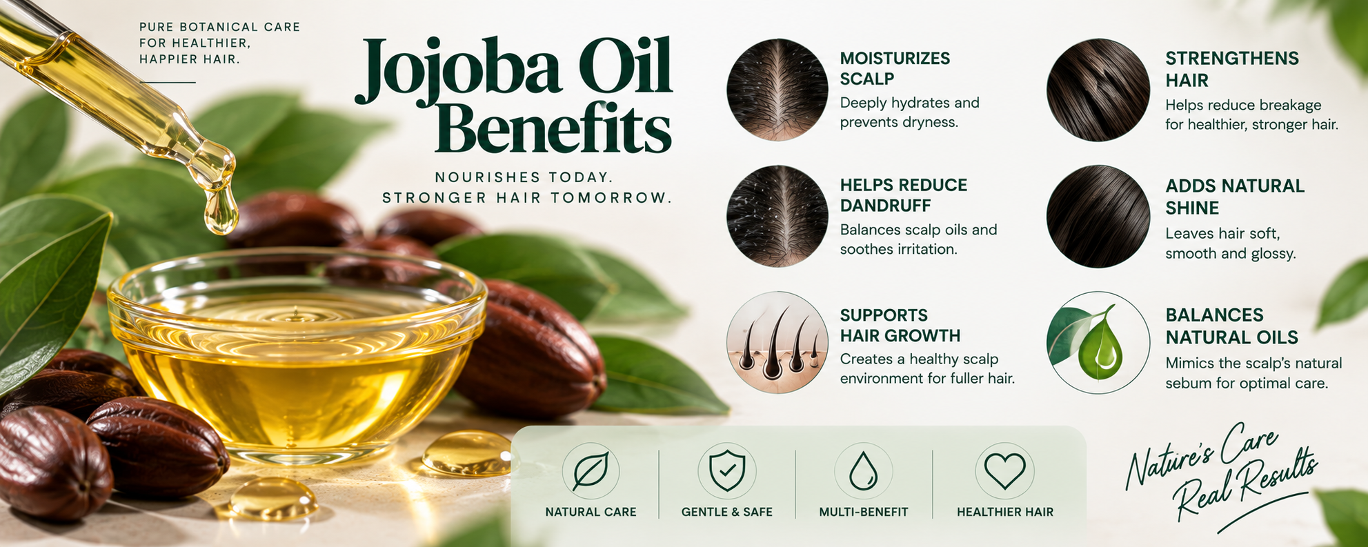 Macro view of golden jojoba oil with a dropper, jojoba seeds, and botanical leaves, illustrating scalp hydration, hair nourishment, natural shine, and balanced scalp care.