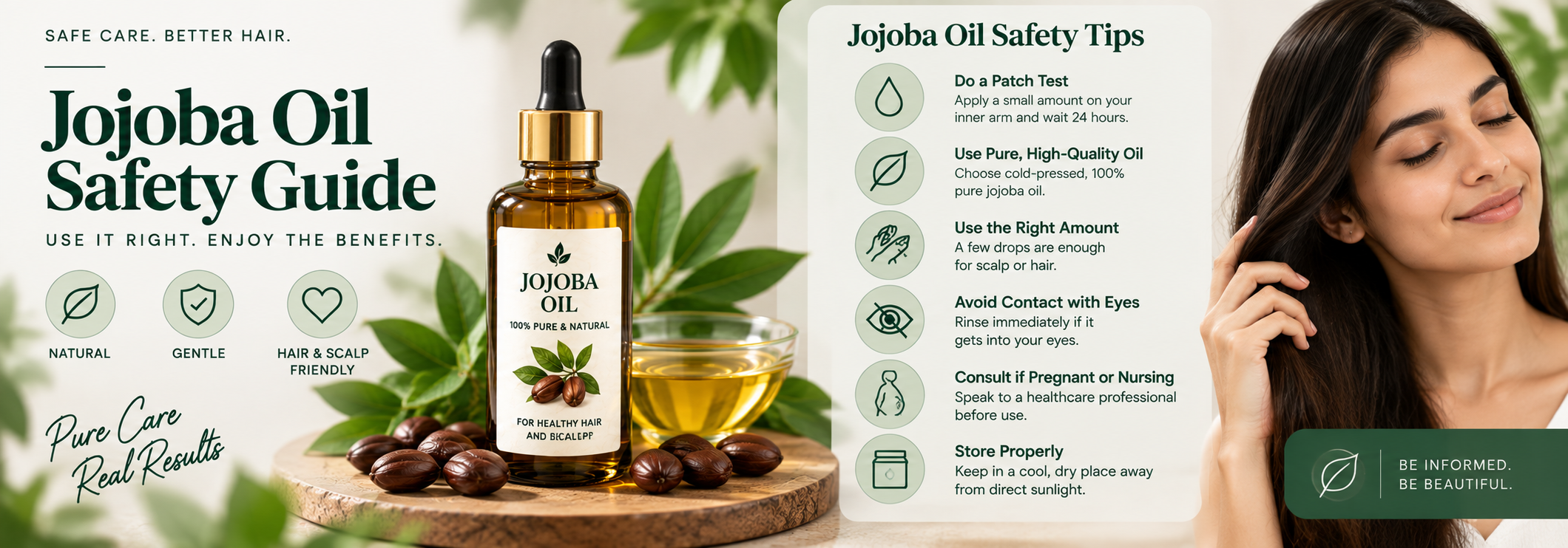Jojoba oil safety guide showing a jojoba oil bottle, patch test advice, proper application tips, eye safety, storage guidance, and a woman with healthy-looking hair.