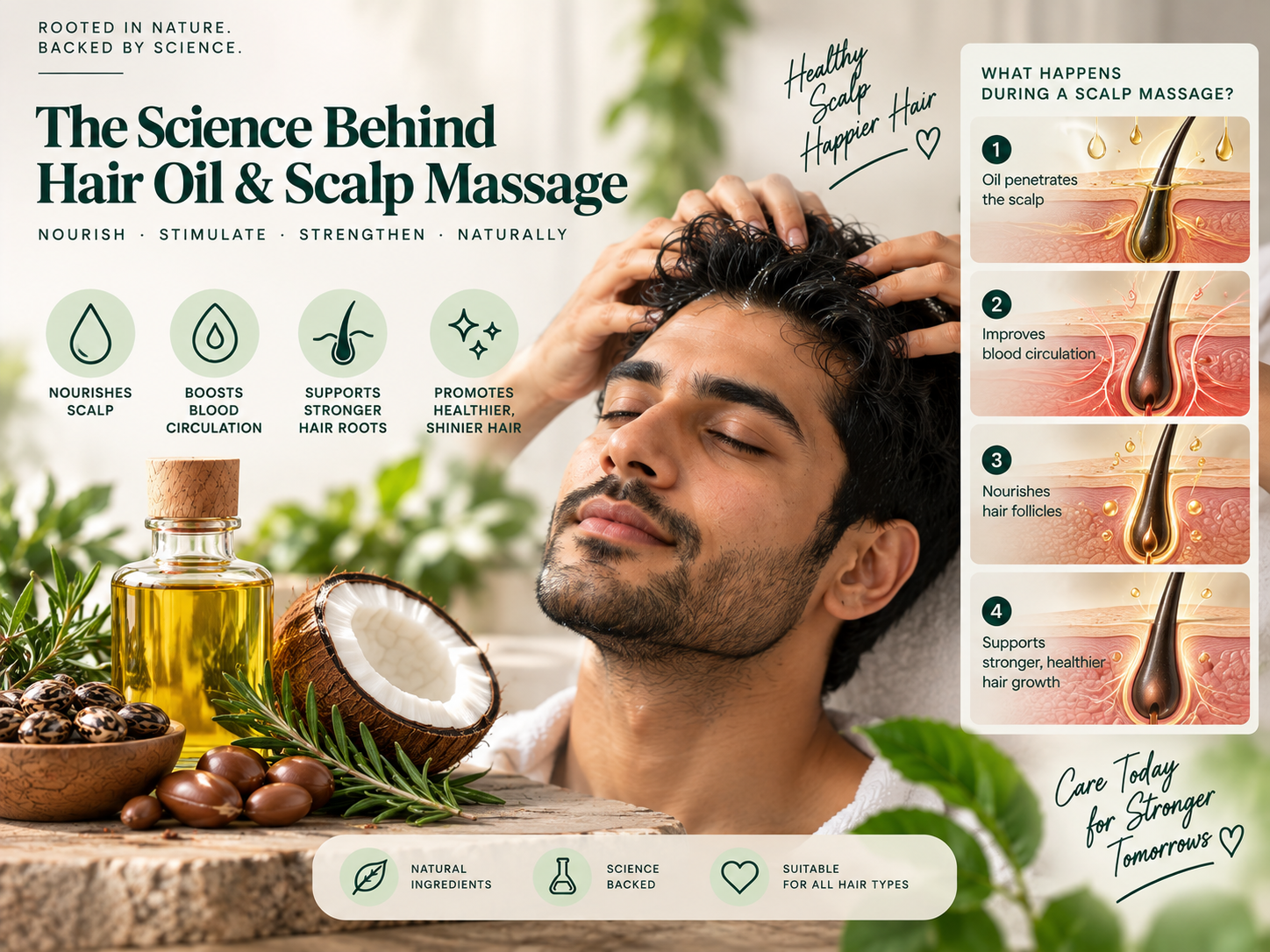 Scientific illustration of a scalp massage routine showing natural hair oil being applied and gently massaged into the scalp to support a healthy hair care routine.