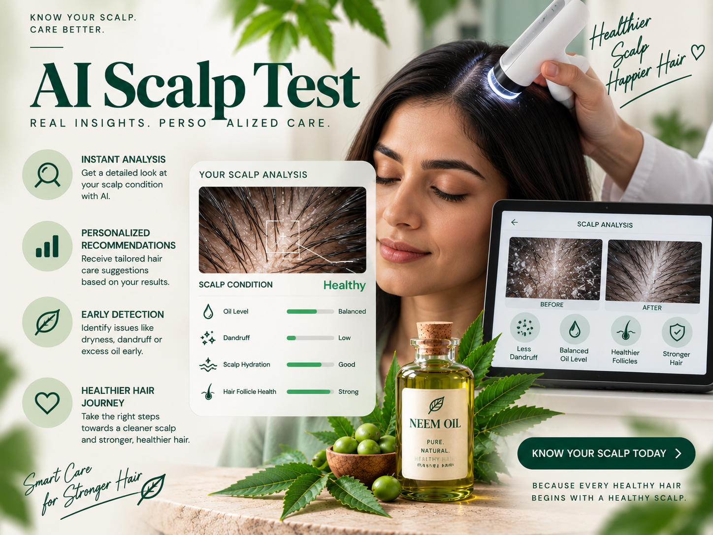 AI-powered scalp test showing a digital scalp scan, scalp condition analysis, oil balance, dandruff assessment, hydration levels, hair follicle health, and personalized hair care recommendations.