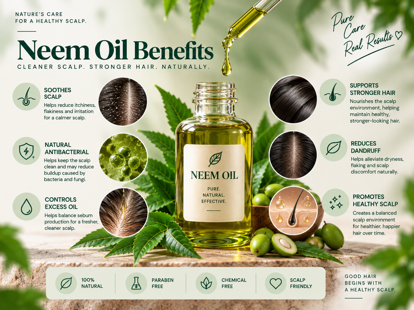Macro view of neem oil in a glass bottle with fresh neem leaves and close-up scalp and hair visuals, highlighting scalp cleansing, balanced oil levels, and healthy-looking hair.