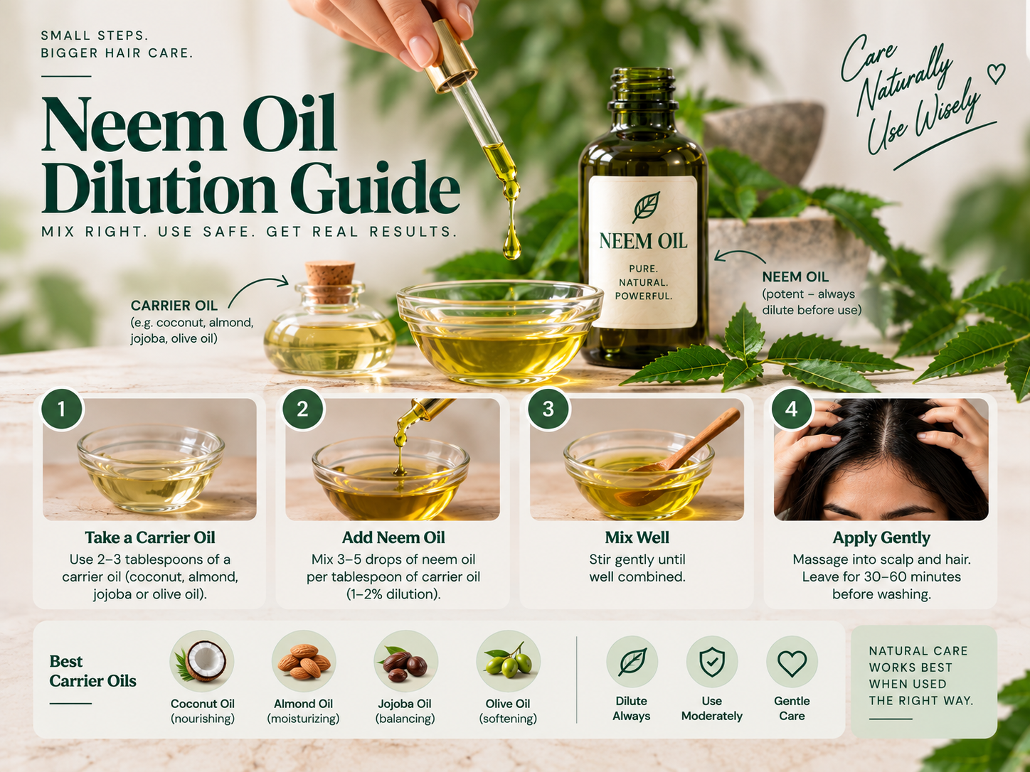 Step-by-step neem oil dilution guide showing neem oil being mixed with a carrier oil before gentle application to the scalp and hair.