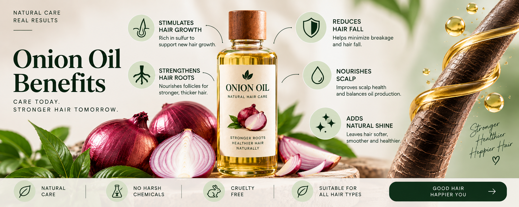 Close-up illustration of onion oil with fresh onions and a hair strand, highlighting scalp nourishment and stronger-looking hair.
