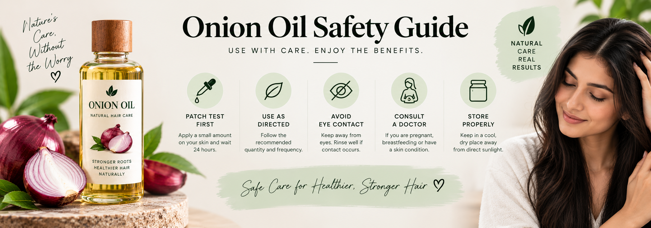 Onion oil safety guide showing patch testing, proper application, eye contact precautions, storage guidance, and other safe-use practices.