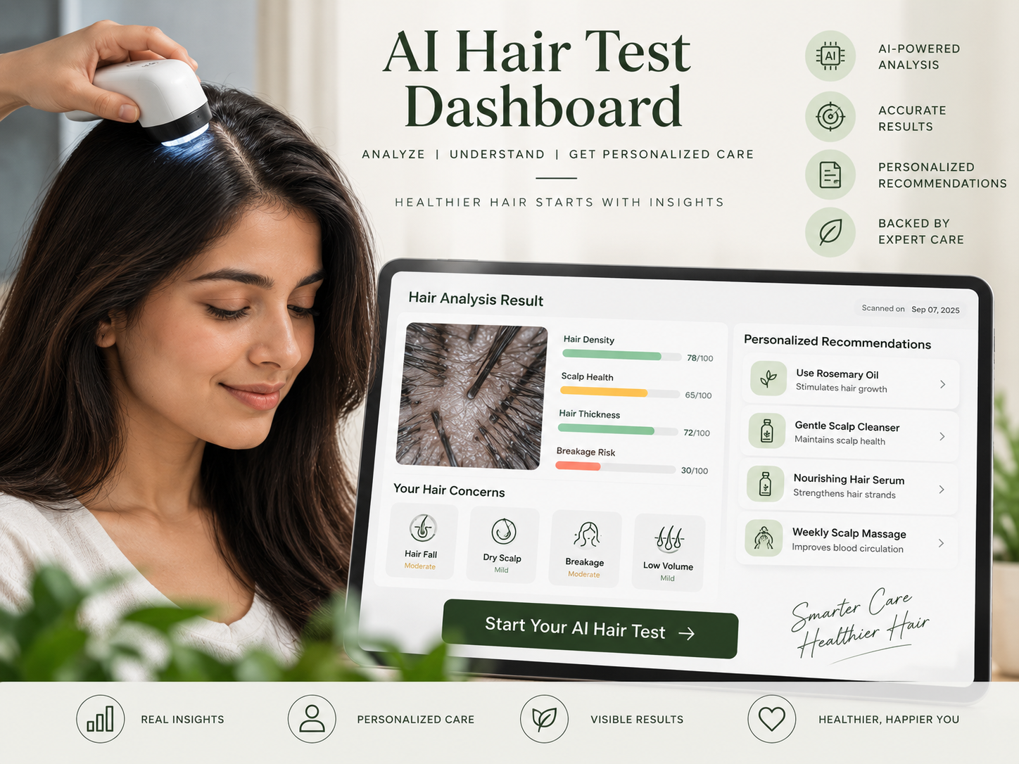 AI Hair Test Dashboard and Personalized Hair Analysis AI-powered hair test dashboard showing scalp analysis, hair health insights, and personalized hair care recommendations.