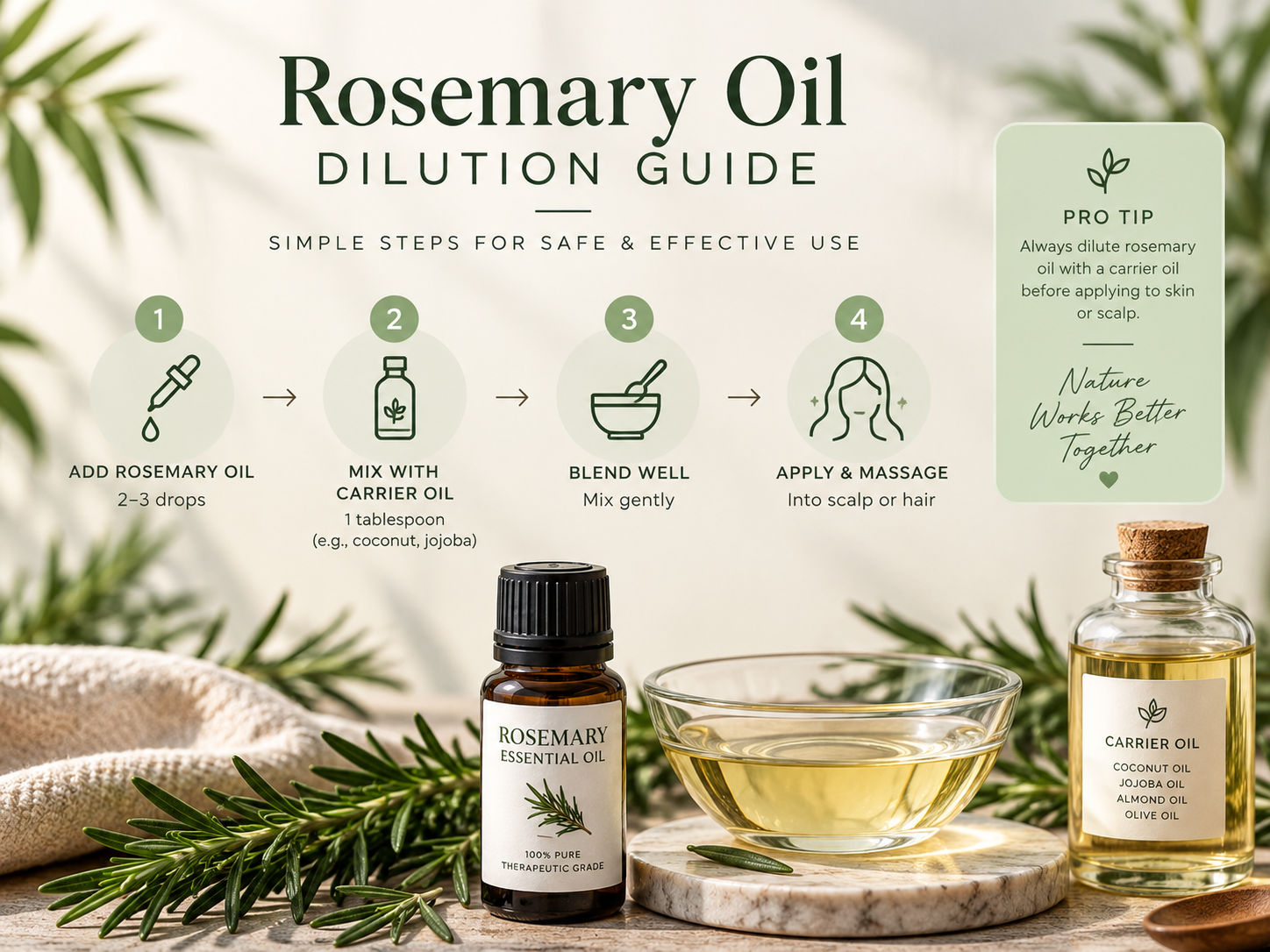 How to Dilute Rosemary Oil for Scalp Use | Hairsncares Step-by-step guide showing how to dilute rosemary essential oil with a carrier oil before applying it to the hair and scalp