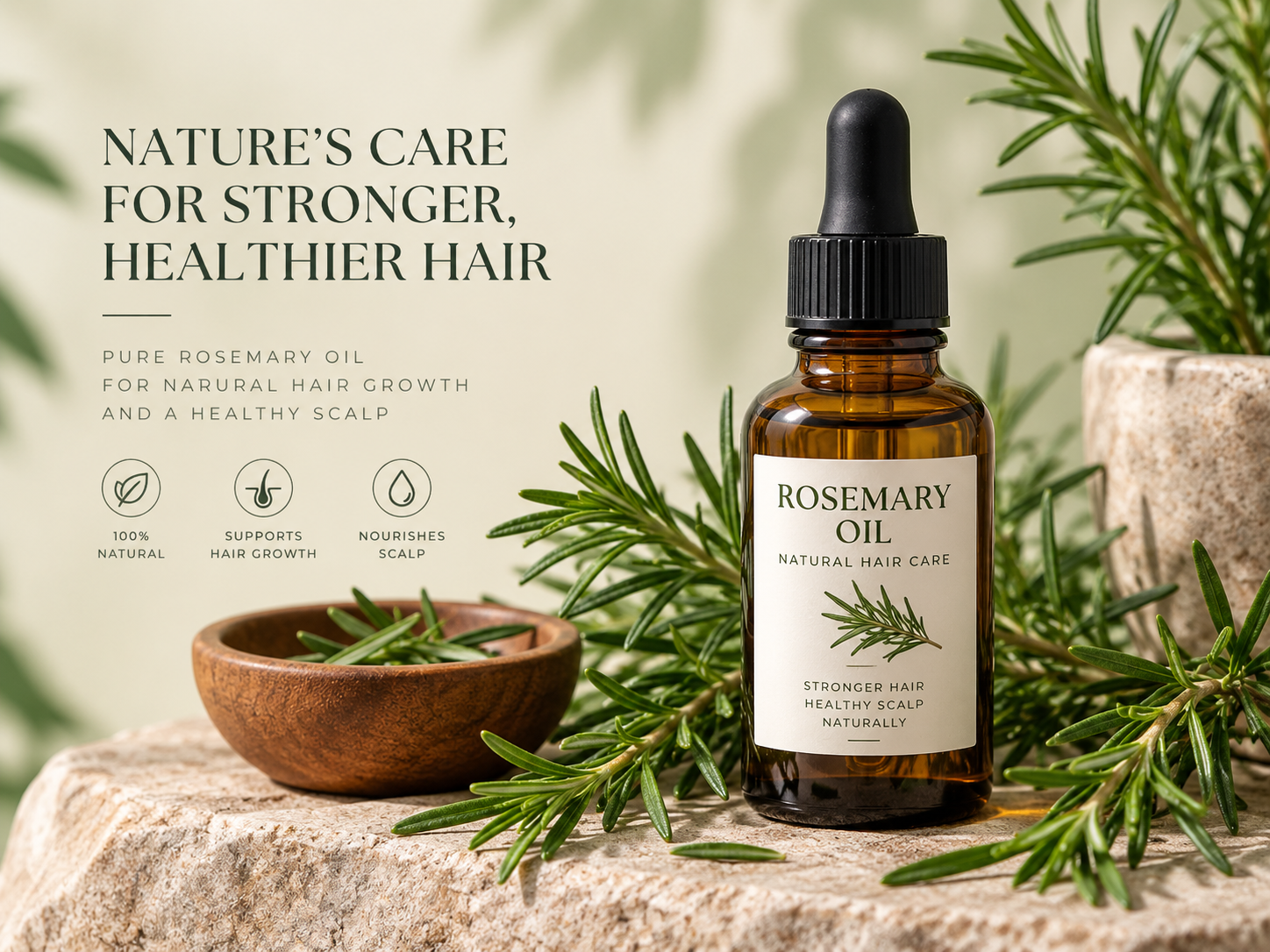 Rosemary Oil for Hair Growth Support and Scalp Massage | Hairsncares Premium rosemary oil bottle with fresh rosemary leaves for natural hair and scalp care