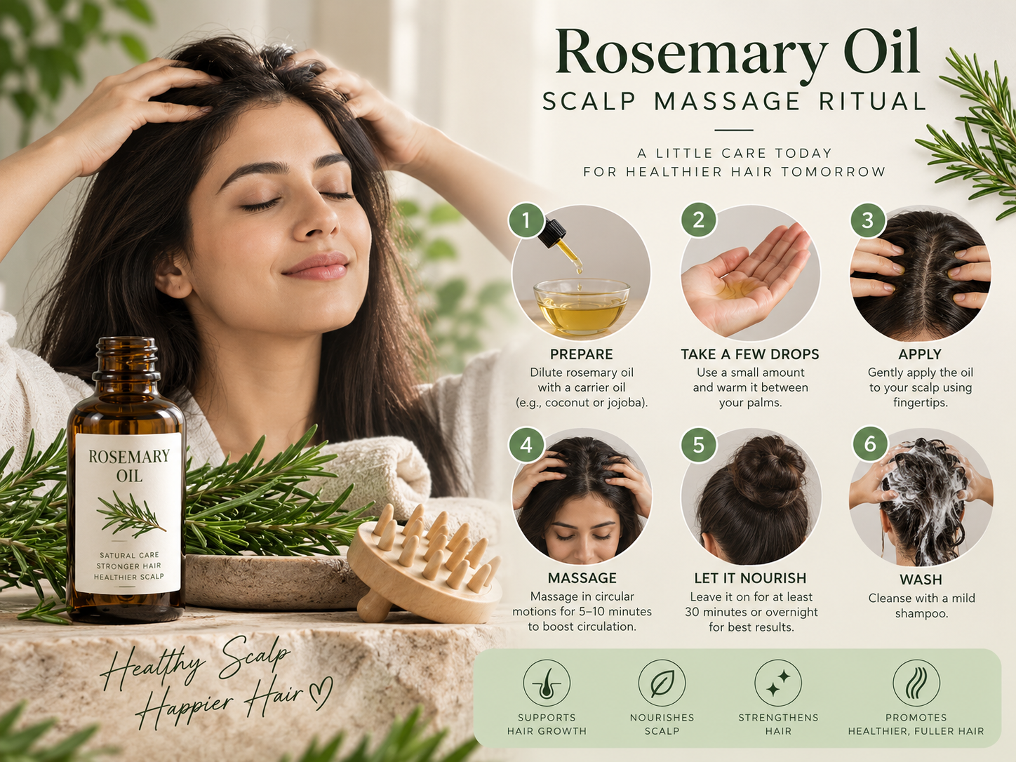 Rosemary Oil Scalp Massage Ritual | Hairsncares Woman performing a relaxing scalp massage with rosemary oil as part of a natural hair care ritual.