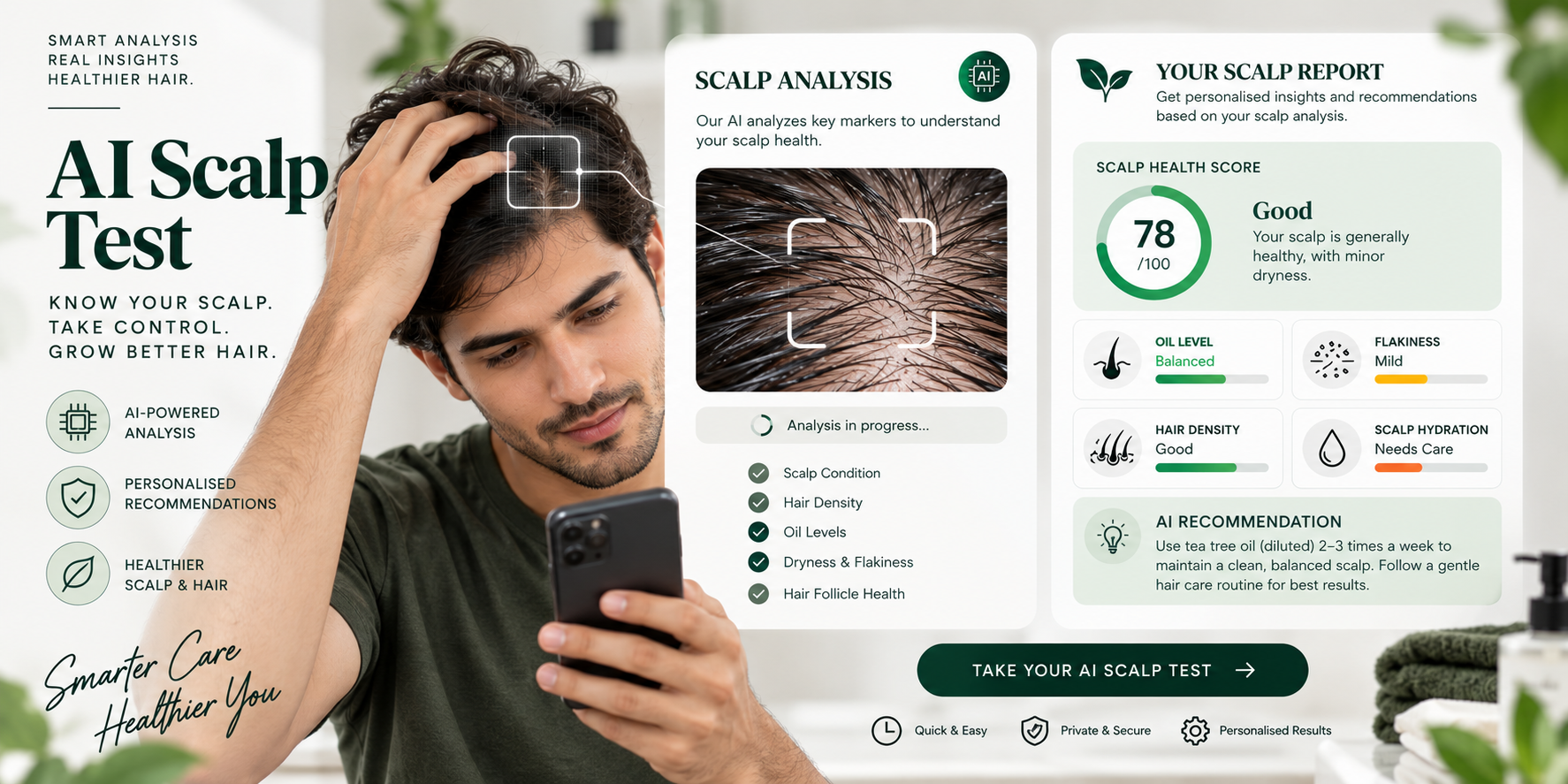 AI Scalp Test Dashboard for Personalized Scalp Analysis AI-powered scalp test dashboard showing scalp analysis, scalp health score, oil levels, flakiness, hair density, hydration, and personalized care recommendations.