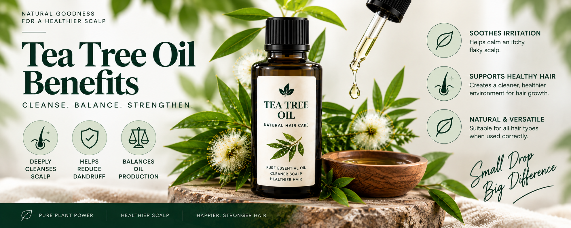 Close-up of a tea tree oil bottle surrounded by fresh tea tree leaves and botanicals, highlighting scalp cleansing, dandruff care, and soothing scalp benefits.
