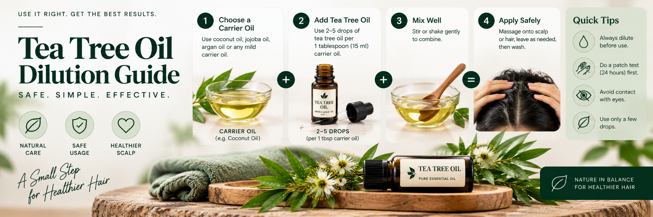 Tea tree oil dilution guide showing how to mix a few drops of tea tree oil with a carrier oil before applying it safely to the scalp or hair.
