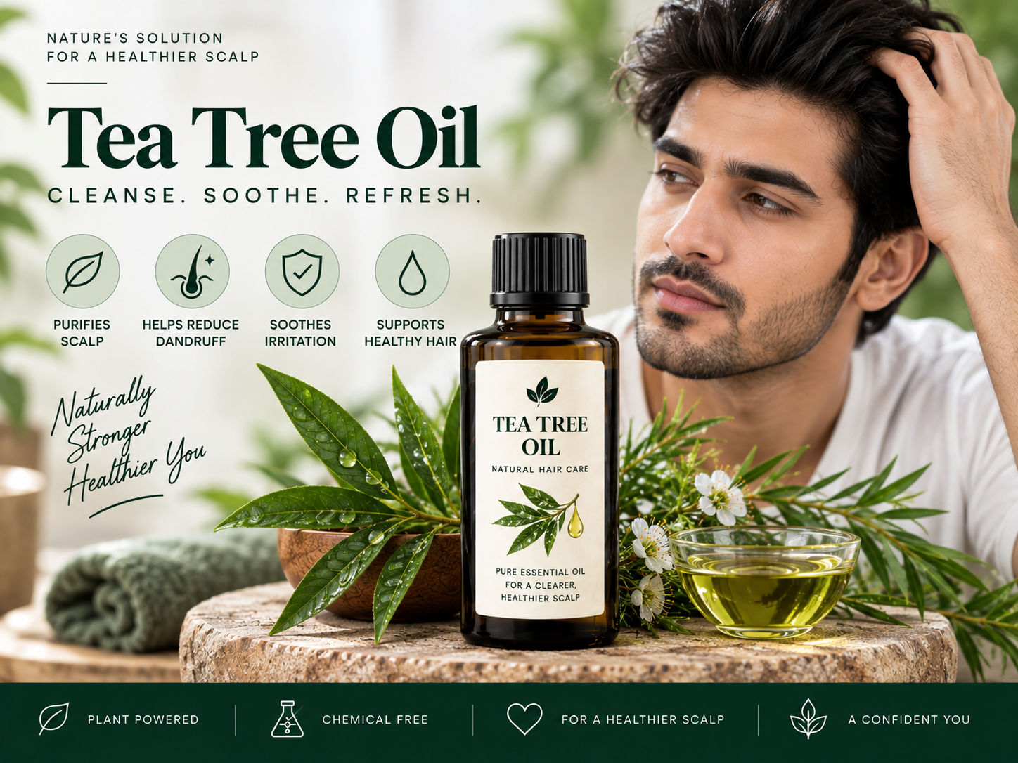 Tea Tree Oil for a Healthier-Looking Scalp and Hair Premium tea tree oil bottle surrounded by fresh tea tree leaves and natural botanicals, with a male model showcasing healthy-looking hair.