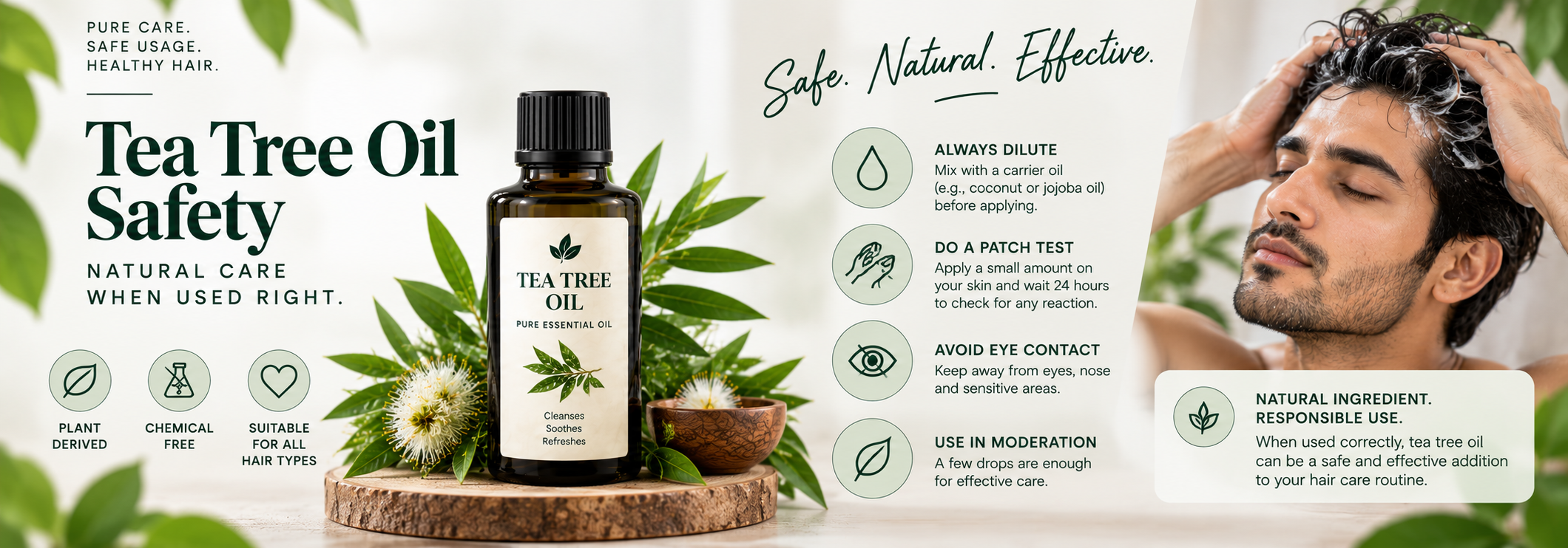 Tea tree oil safety guide showing a bottle of tea tree oil, dilution advice, patch testing, avoiding eye contact, and a man following a scalp care routine.
