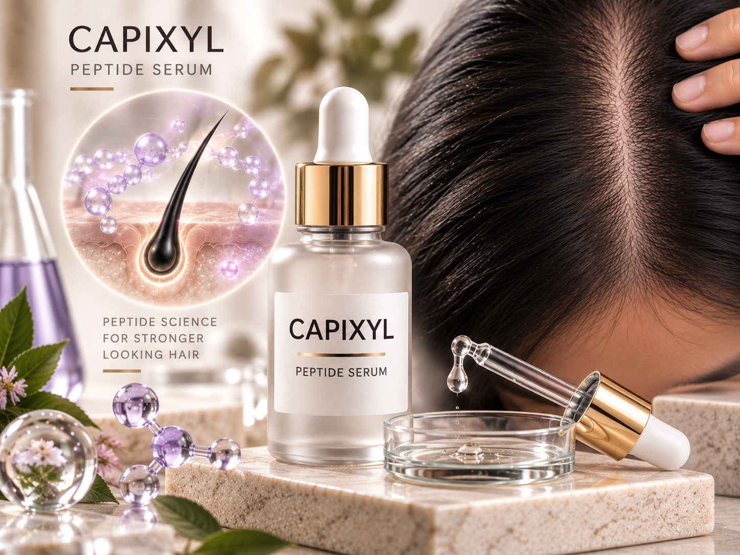 Capixyl peptide-based cosmetic hair serum for supportive hair and scalp routines