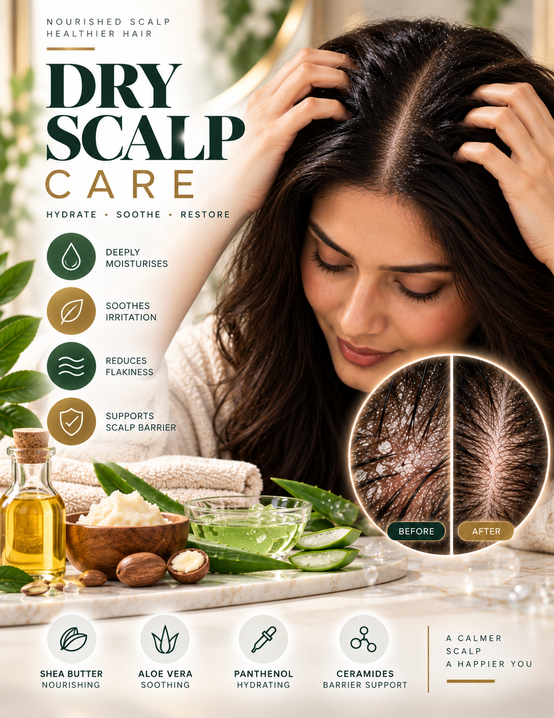 Dry scalp treatment supporting hydration comfort and scalp barrier care