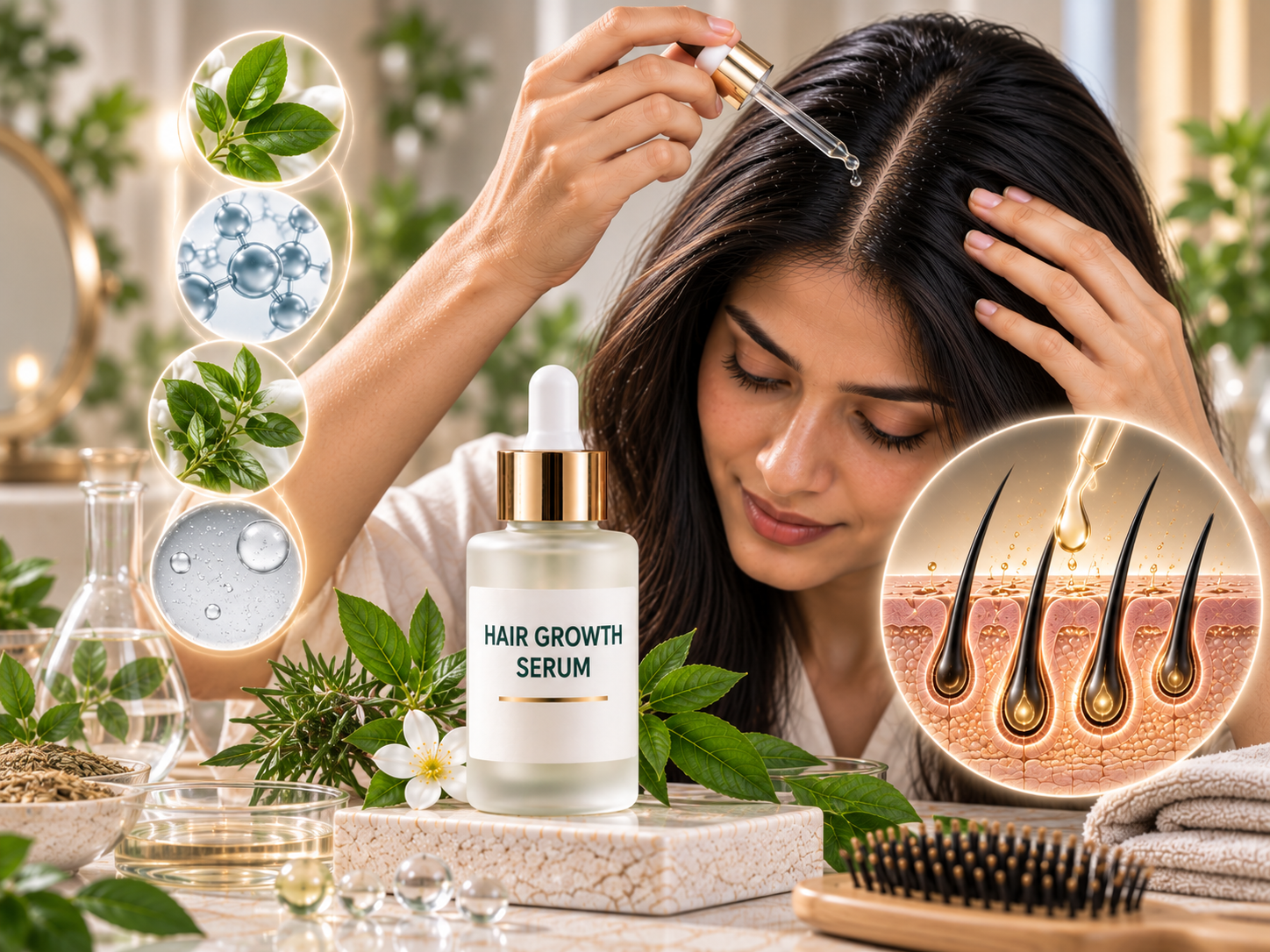 Hair growth serum with cosmetic actives for supportive leave-on scalp routines