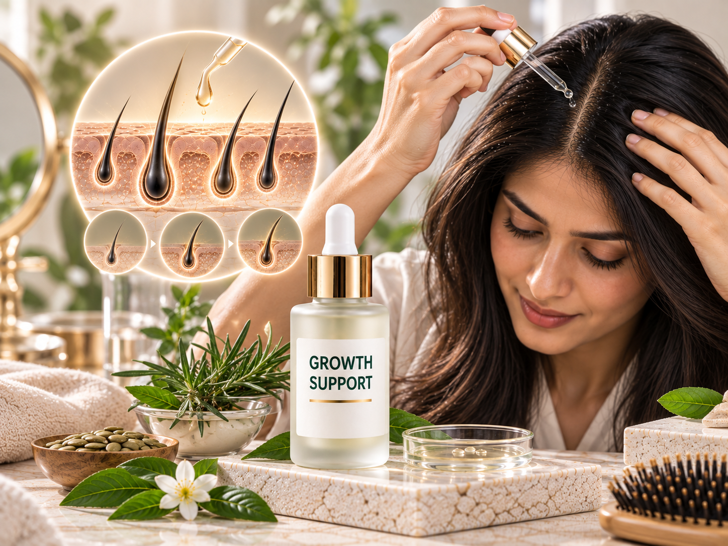 Hair growth treatment with leave-on serum and consistent scalp-support routine