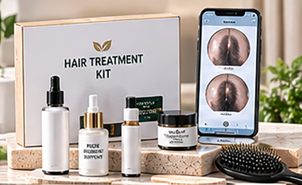 Hair treatment kit combining cleanser serum supplement scalp care and progress tracking