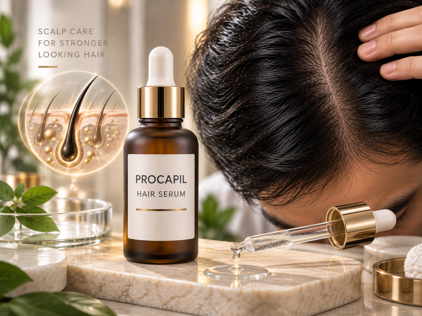 Procapil hair serum for cosmetic hair density and supportive scalp care routines