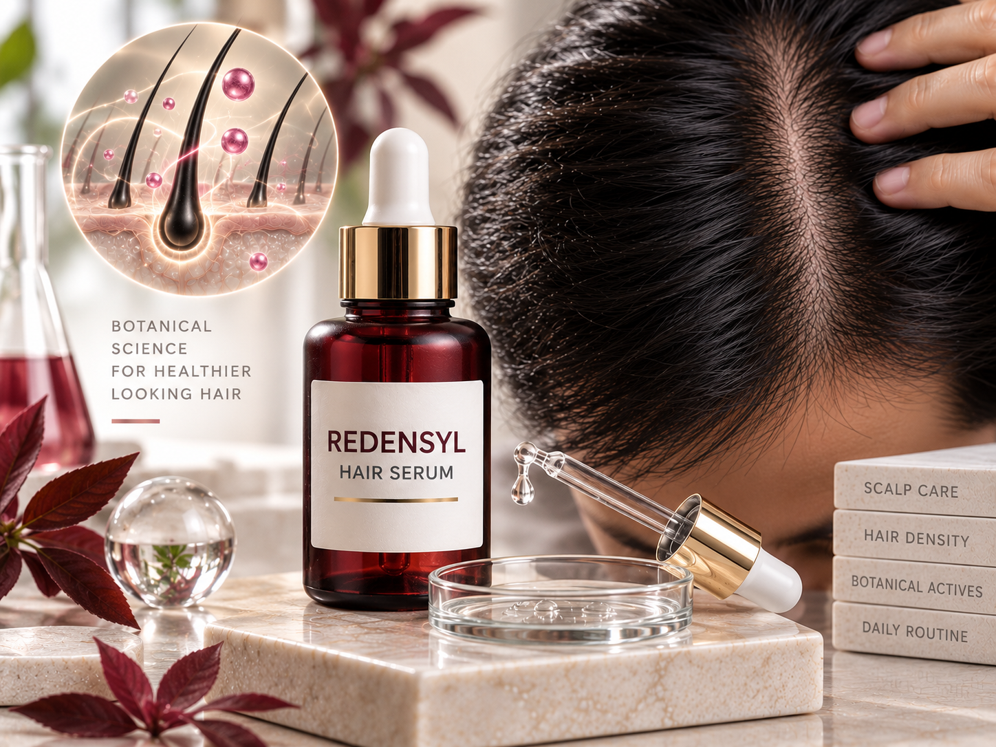Redensyl cosmetic hair serum for non-prescription density support and scalp care