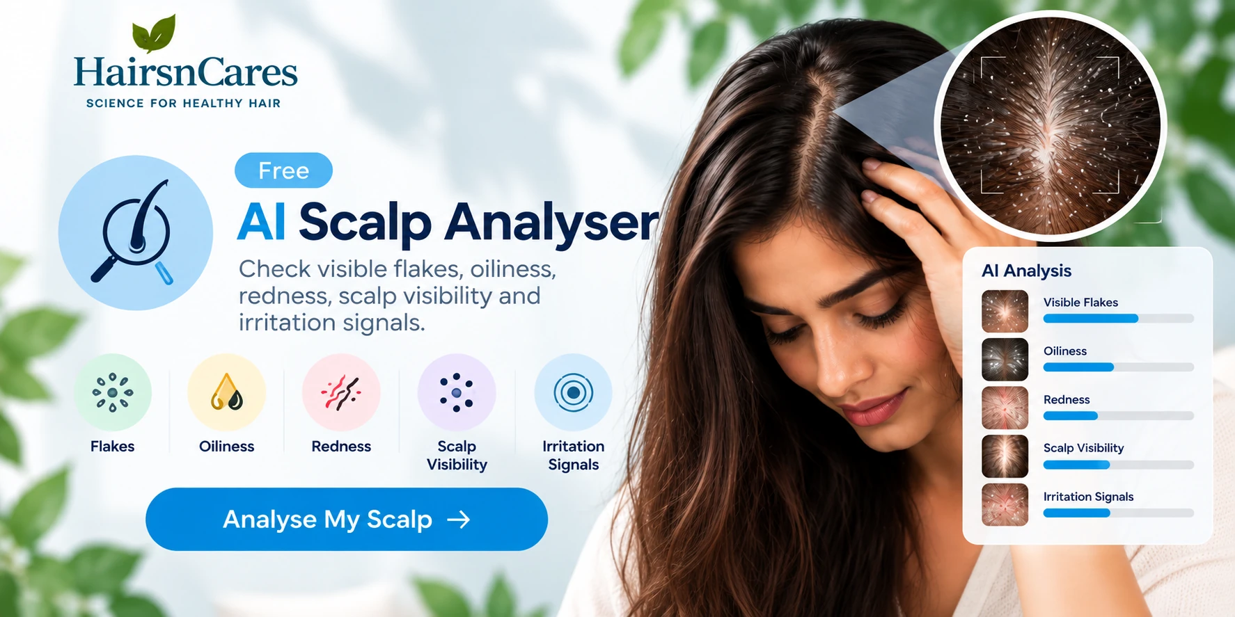 AI Scalp Analyser checking visible flakes oiliness redness scalp visibility and irritation signals